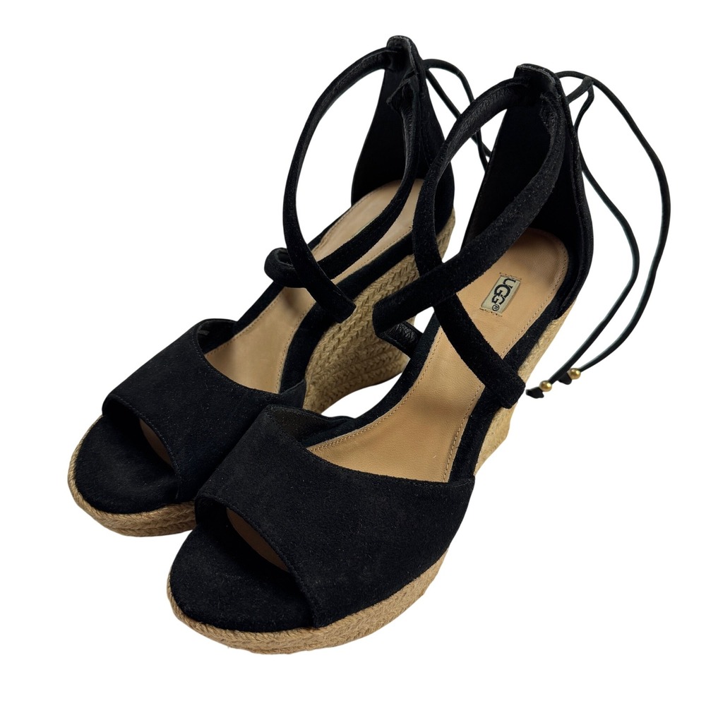 UGG Black Suede Lace Up Espadrille Wedge Sandals Women 8.5 BF001